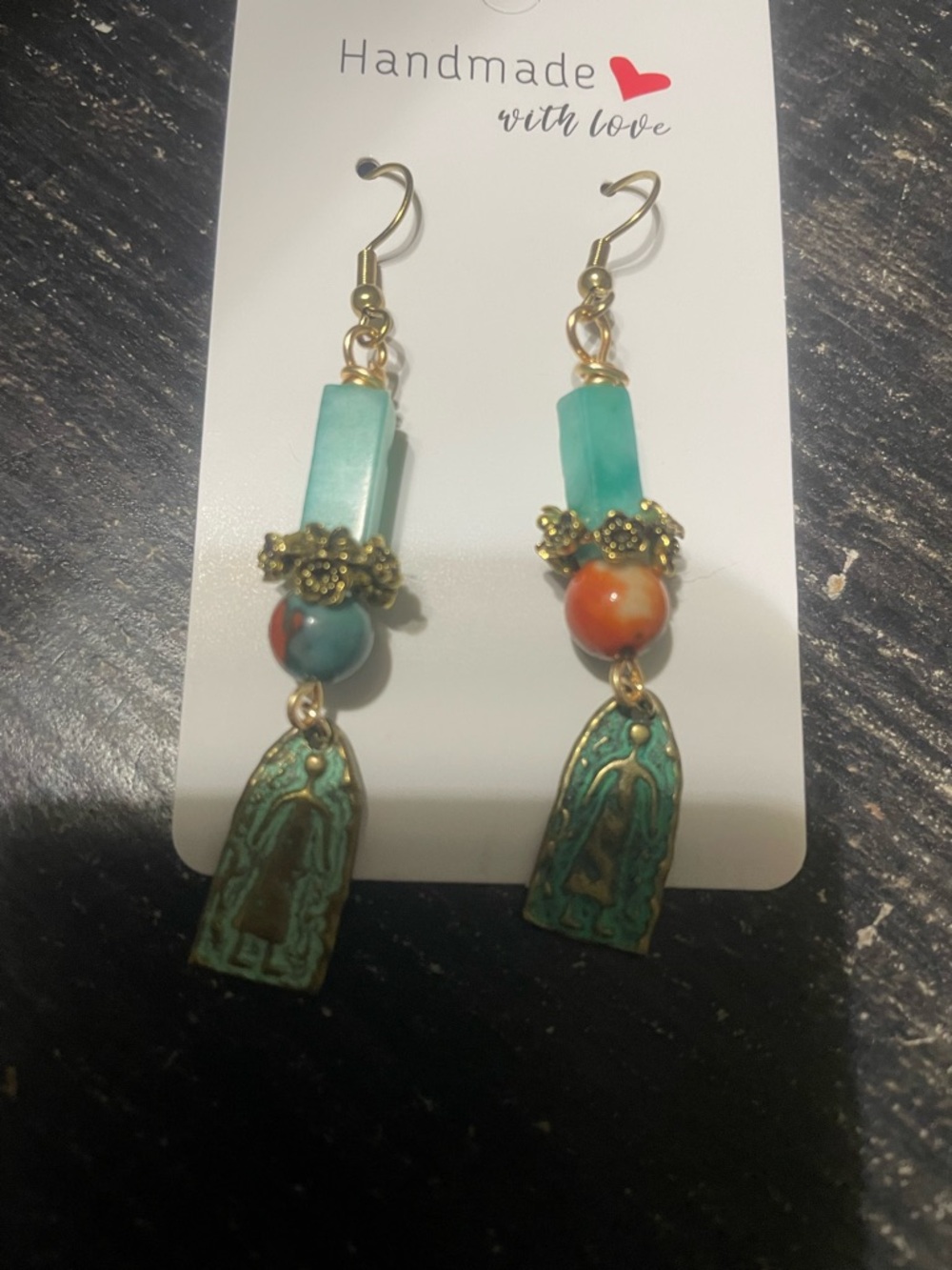 Handmade Turquoise & Orange Dangle Earrings with Gold Accents - Picture 9 of 9
